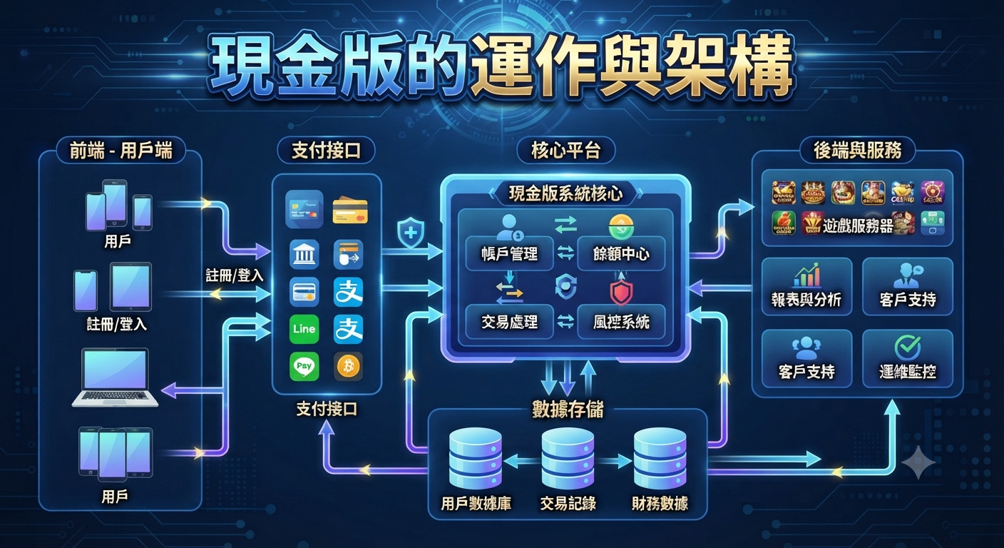 這張圖表清晰展示了現金版的整體運作與系統架構，包含前端用戶端、支付接口、核心平台與數據存儲。 整體設計採用現代科技風格，突顯出各個模組之間的數據流向與安全管理機制。
