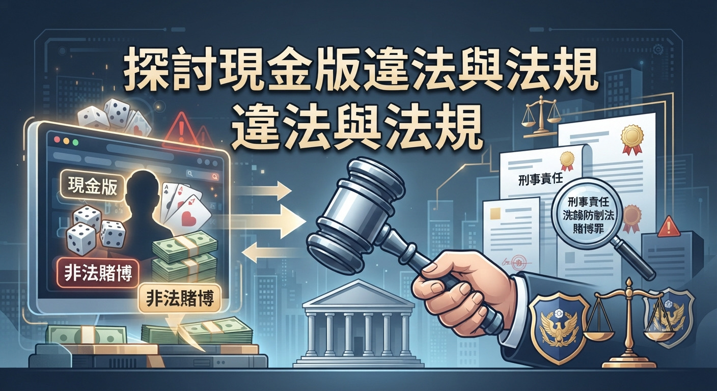 這張圖片探討現金版違法與法規主題，結合了法槌、法庭建築及相關法律文件的圖示。 畫面頂端清晰呈現主要標題文字，突顯網路賭博與刑法規範的核心概念。